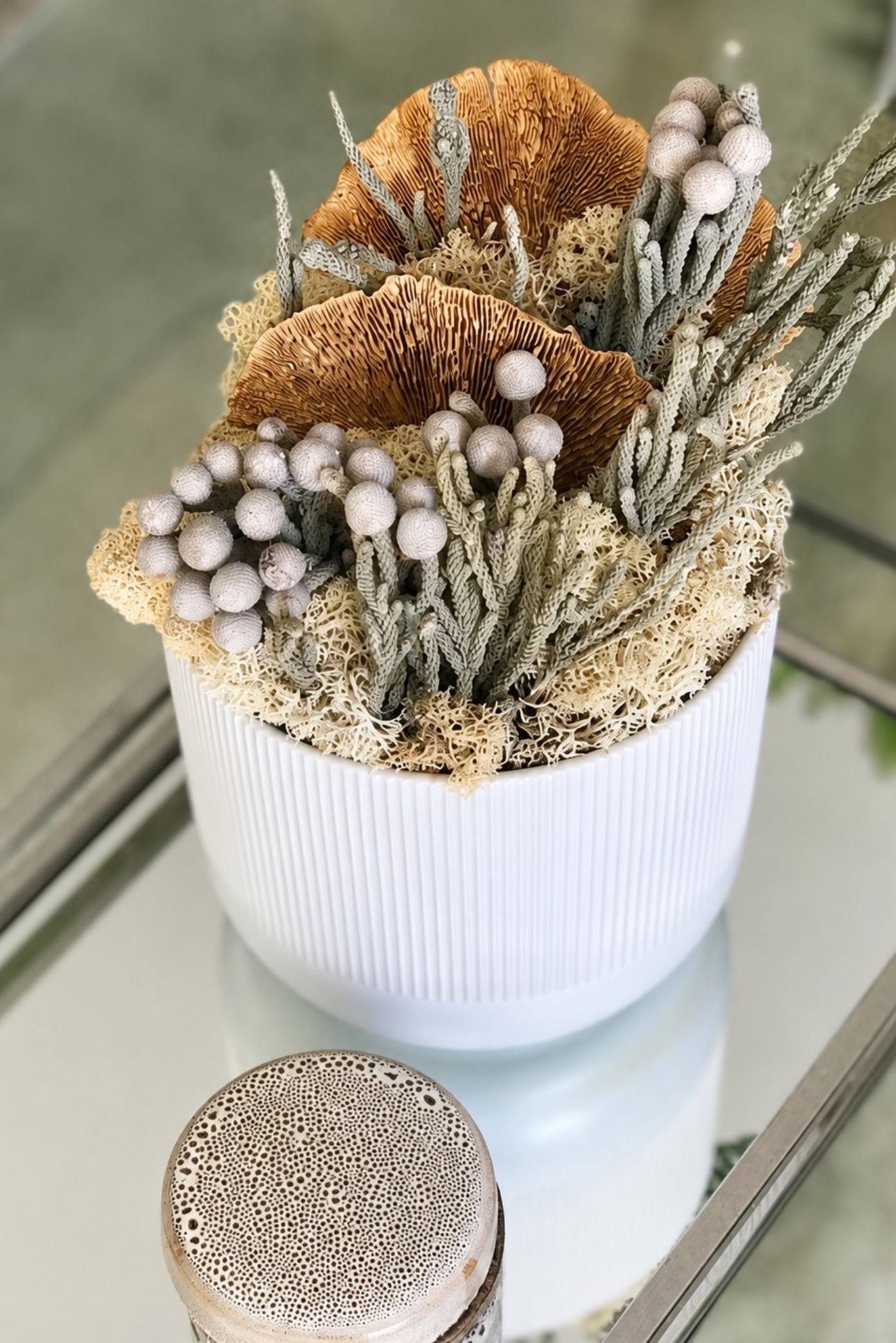 Hongos secos, brunias plateadas y liquen en un macetero blanco acanalado sobre una mesa de vidrio