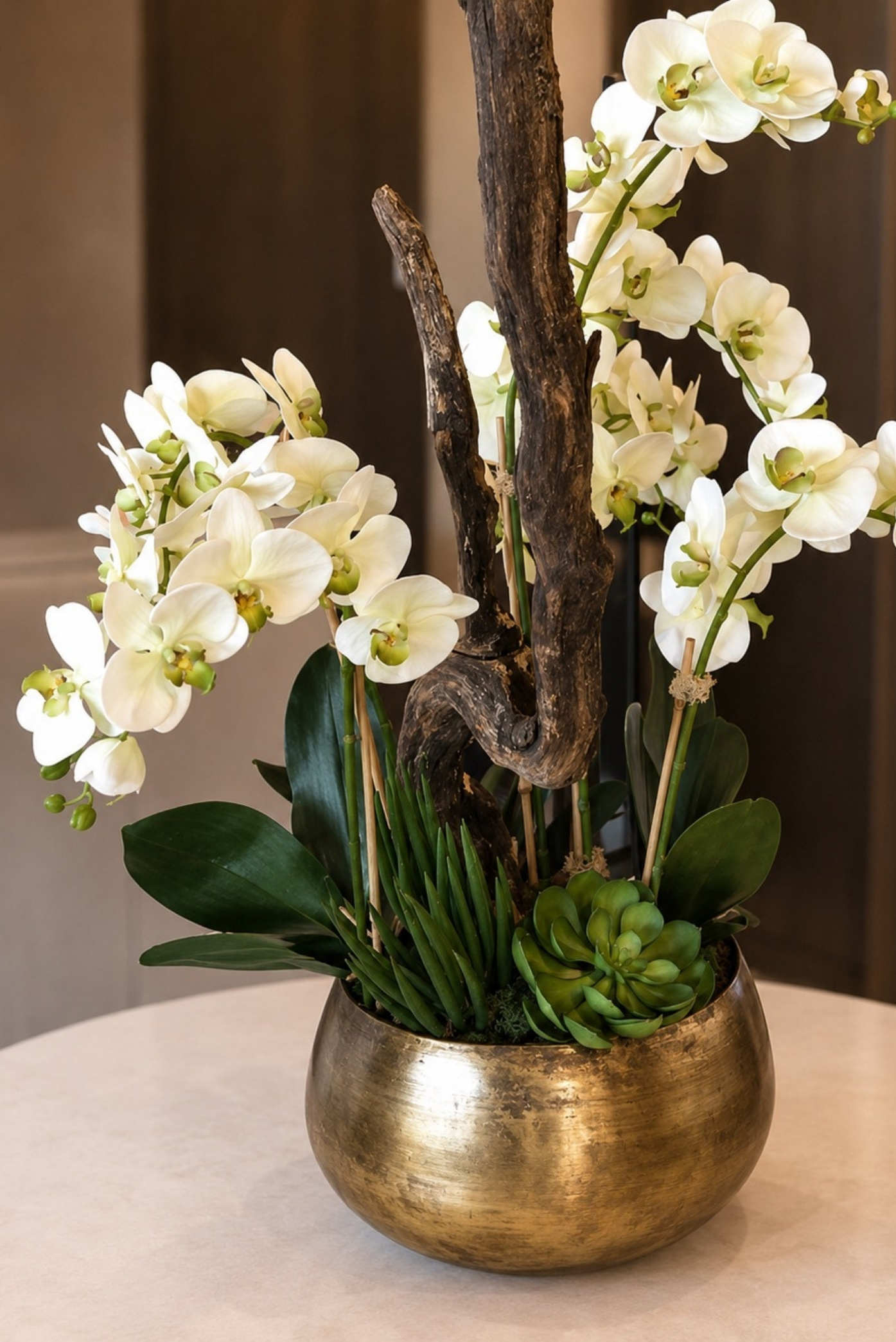 Orquídeas blancas con ramas de madera y suculentas en un cuenco dorado sobre una mesa