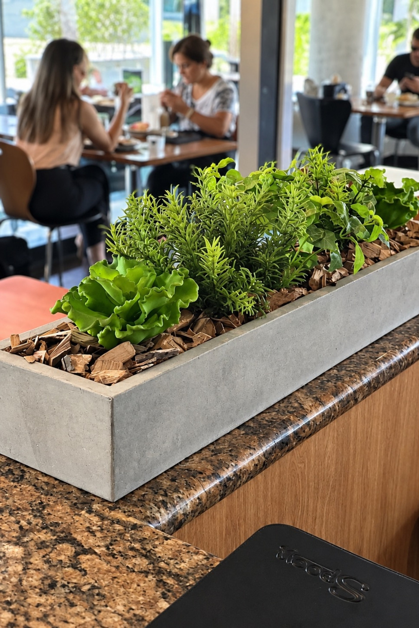 Jardinera de concreto con follajes y corteza sobre la barra de un restaurante con comensales
