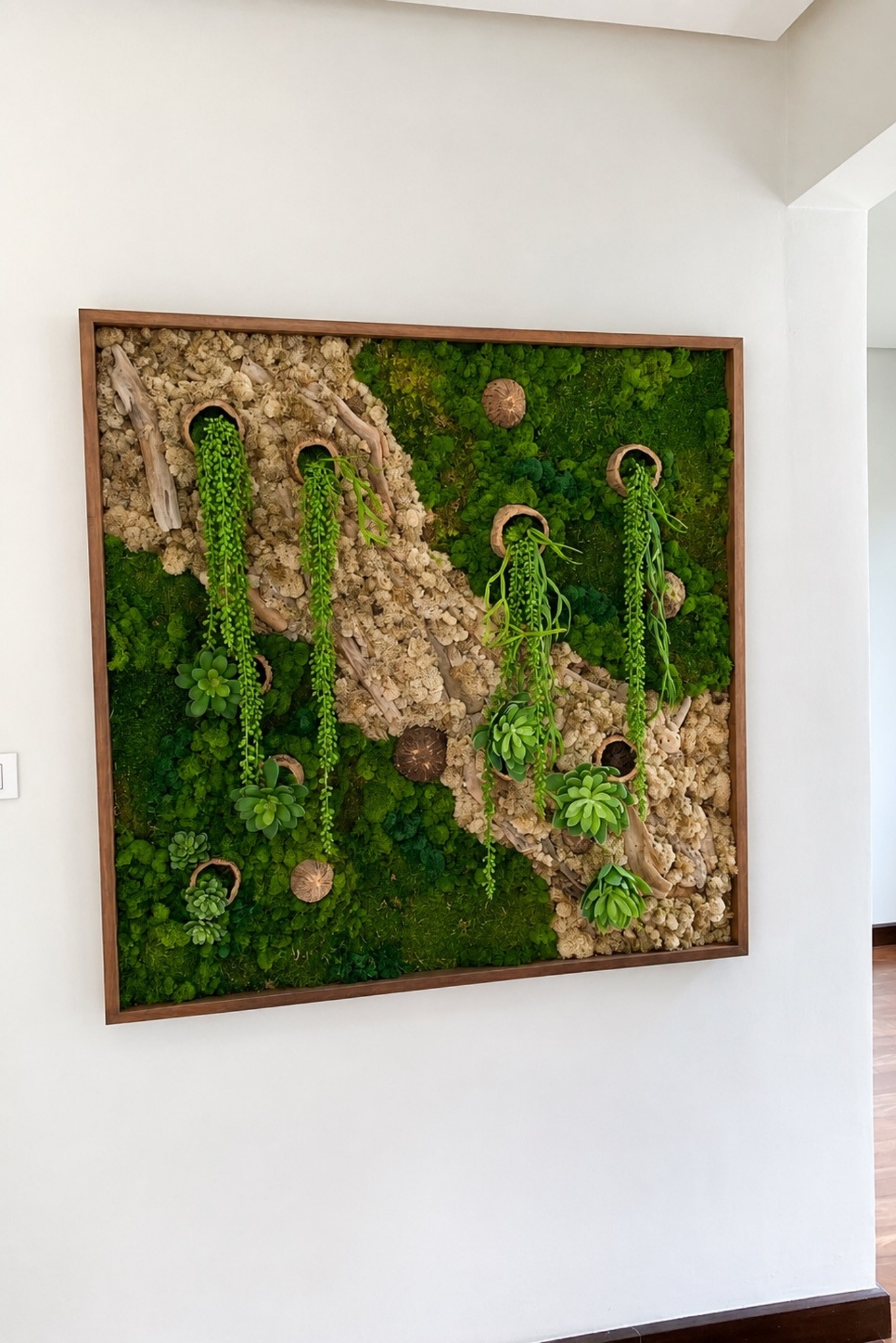 Cuadro de musgo verde y liquen claro con plantas colgantes y cocos, en marco de madera