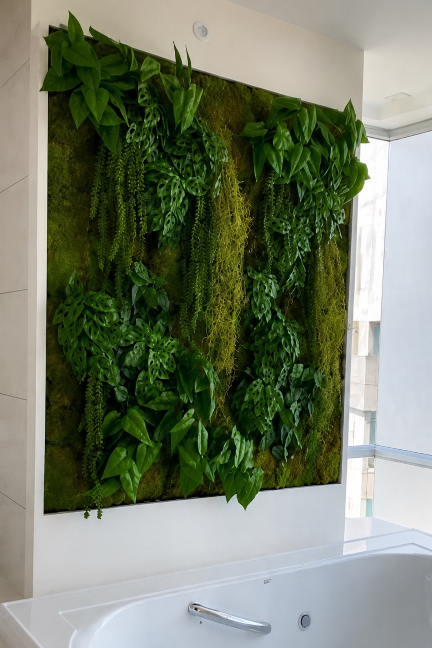 Pared de musgo con follajes y plantas colgantes sobre una bañera, junto a un ventanal