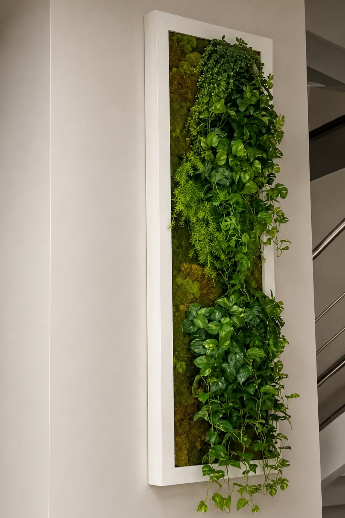Cuadro vertical alto de marco blanco con musgo, potos y helechos colgantes junto a una escalera