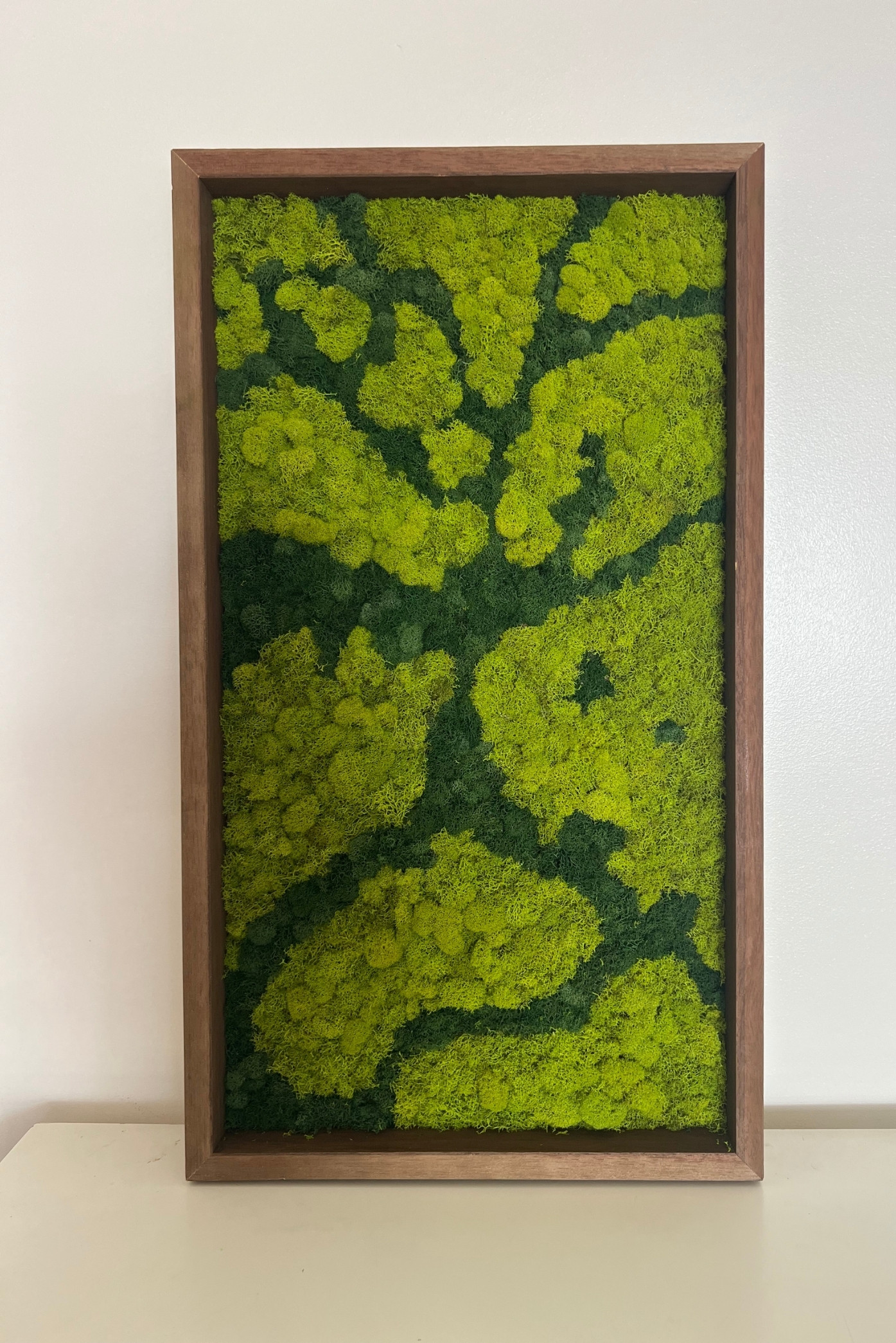 Cuadro de musgo verde lima y verde oscuro con forma de árbol, en marco de madera