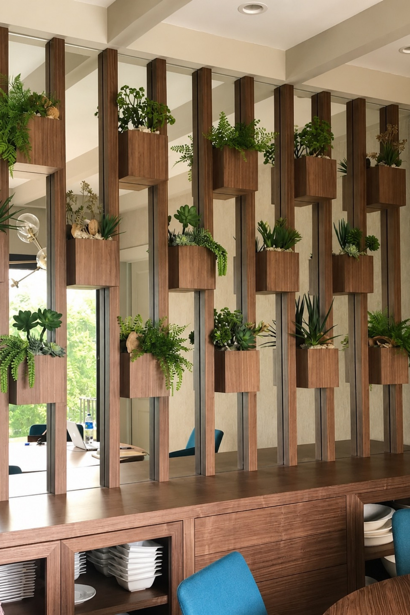 Divisor de listones de madera con cajones a distintas alturas llenos de plantas y suculentas
