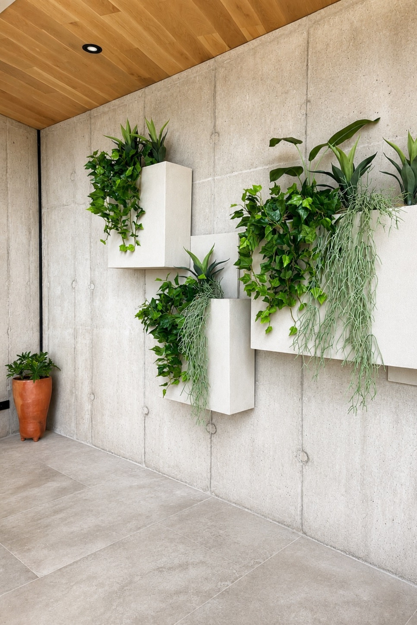 Cajones blancos de distintos tamaños con follajes y plantas colgantes sobre un muro de concreto