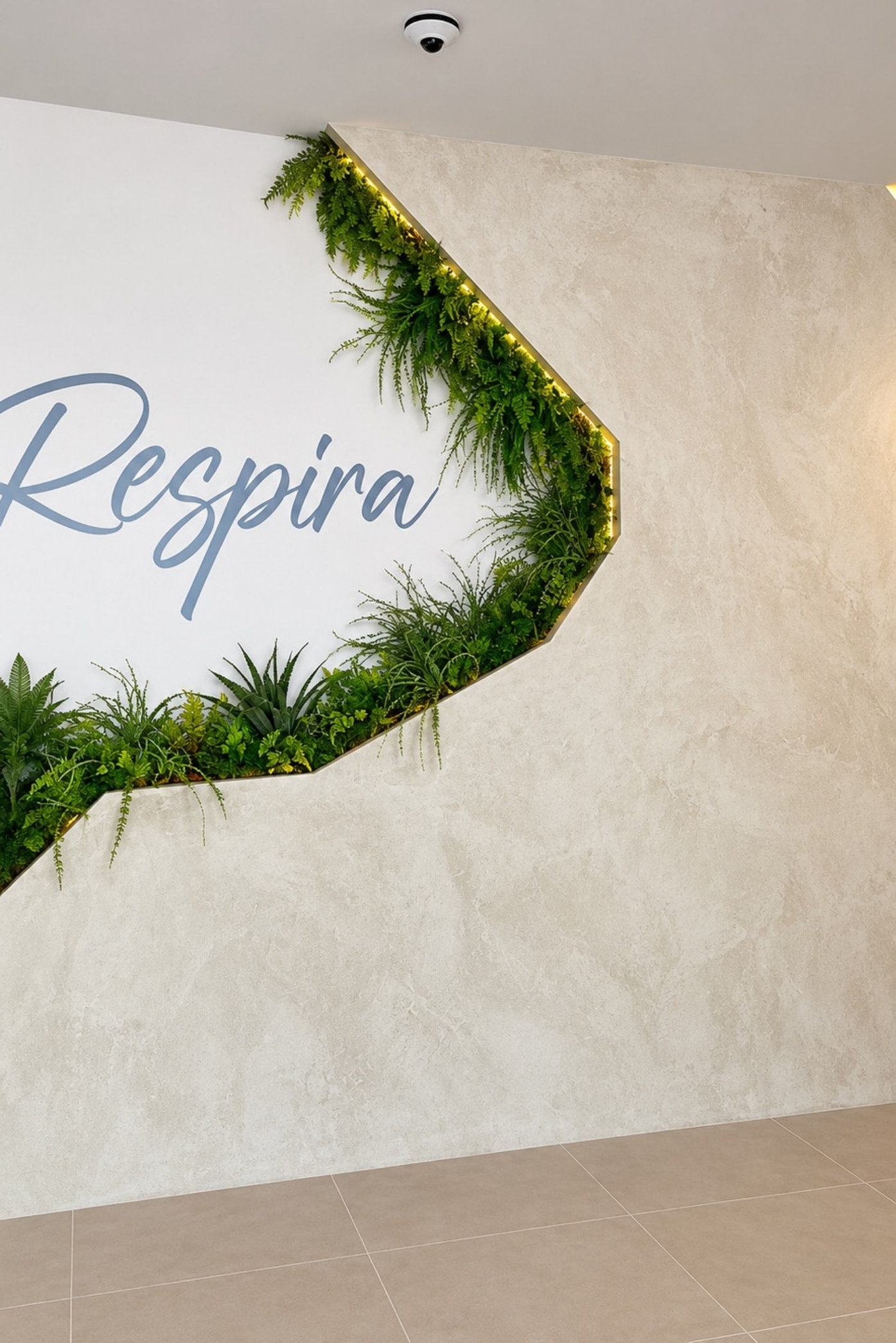 Pared con la palabra «Respira» enmarcada por una franja iluminada de helechos y follajes