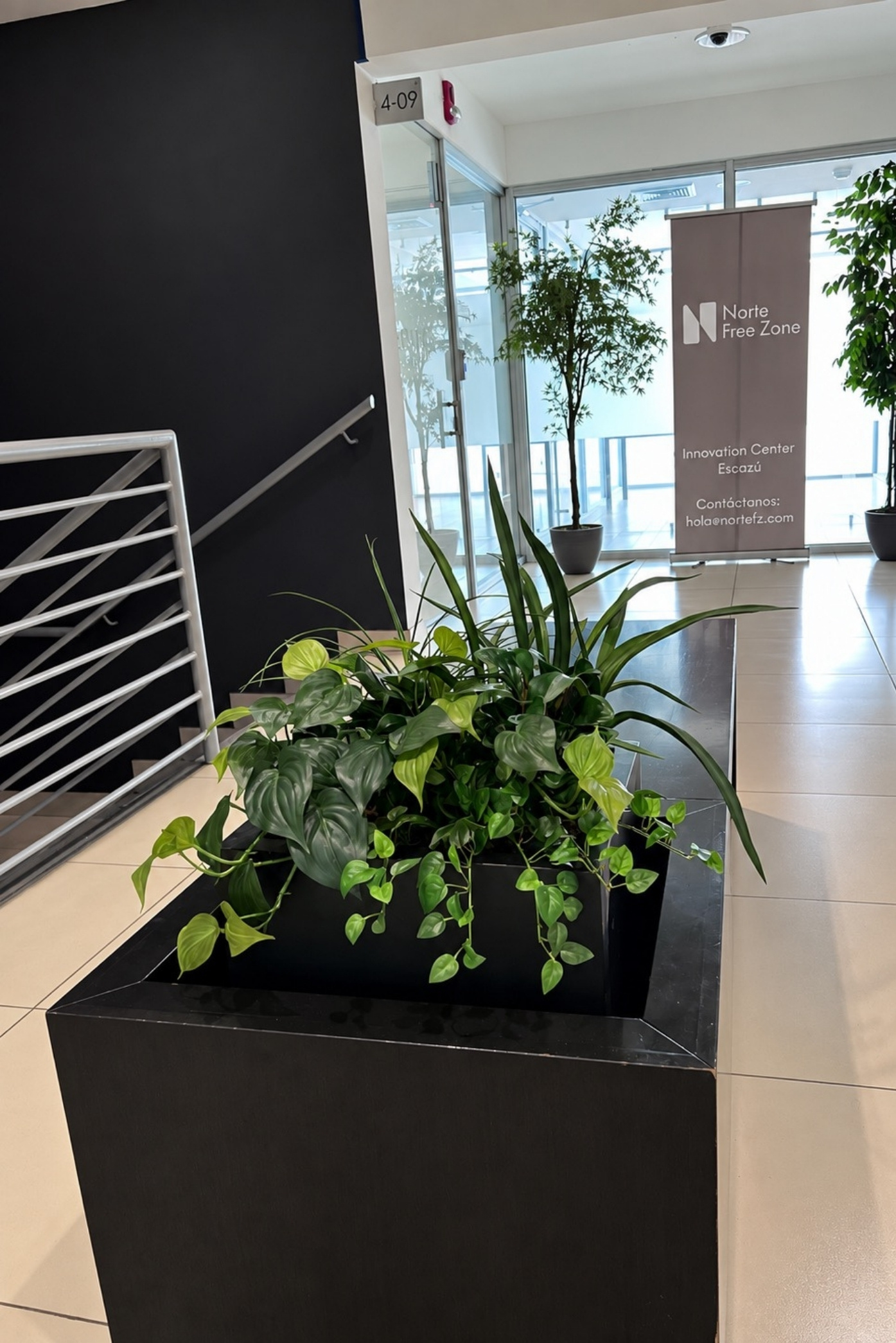 Jardinera negra con potos y follajes junto a una escalera, frente a la entrada de unas oficinas