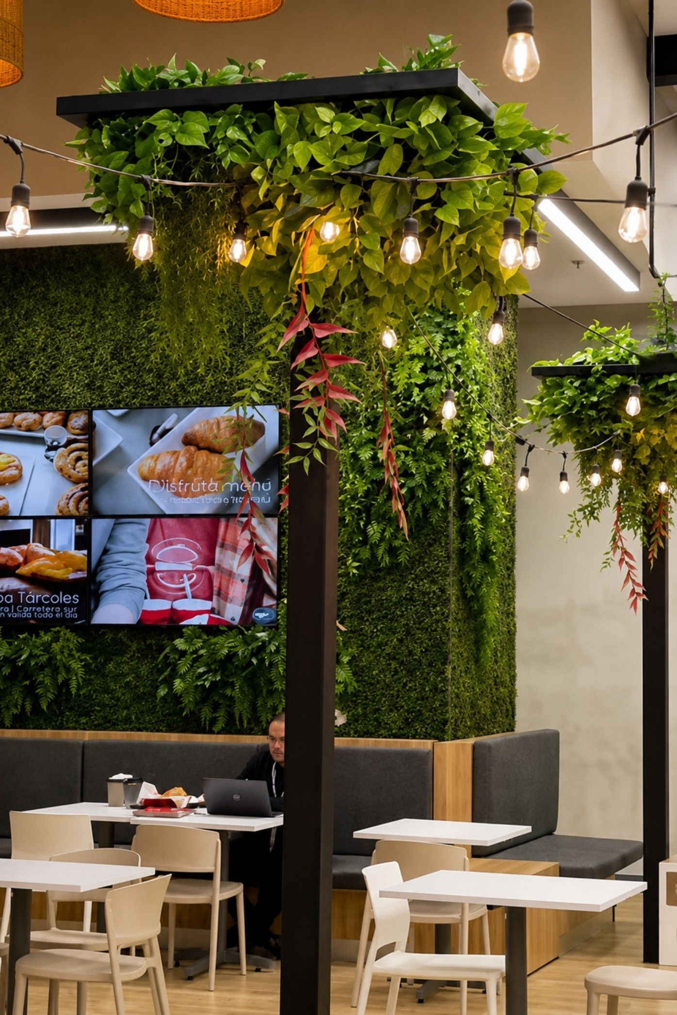 Pérgola negra con follaje colgante, heliconias y luces de guirnalda sobre mesas, junto a un muro verde