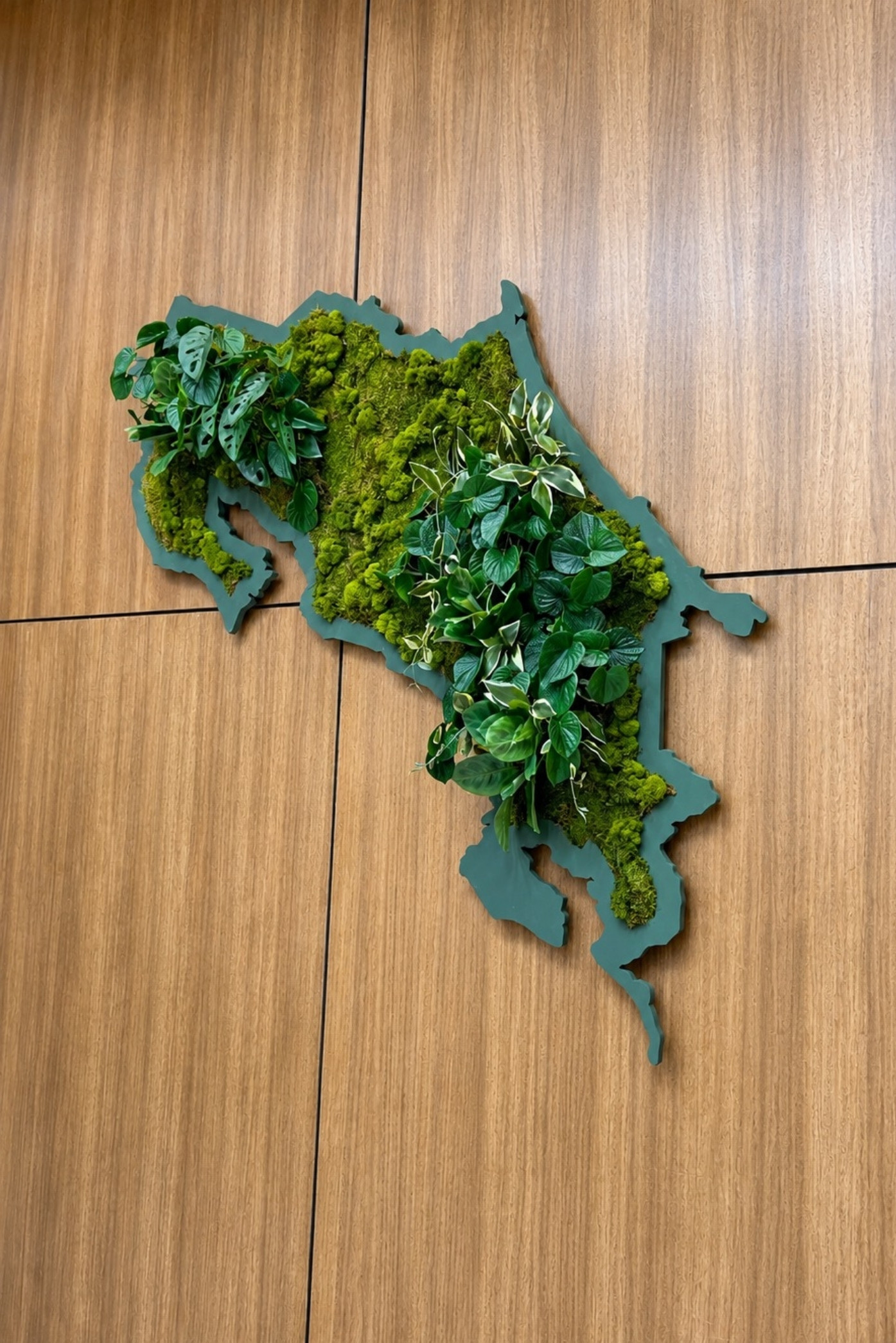 Mapa de Costa Rica en la pared, cubierto de musgo preservado y follajes, sobre paneles de madera