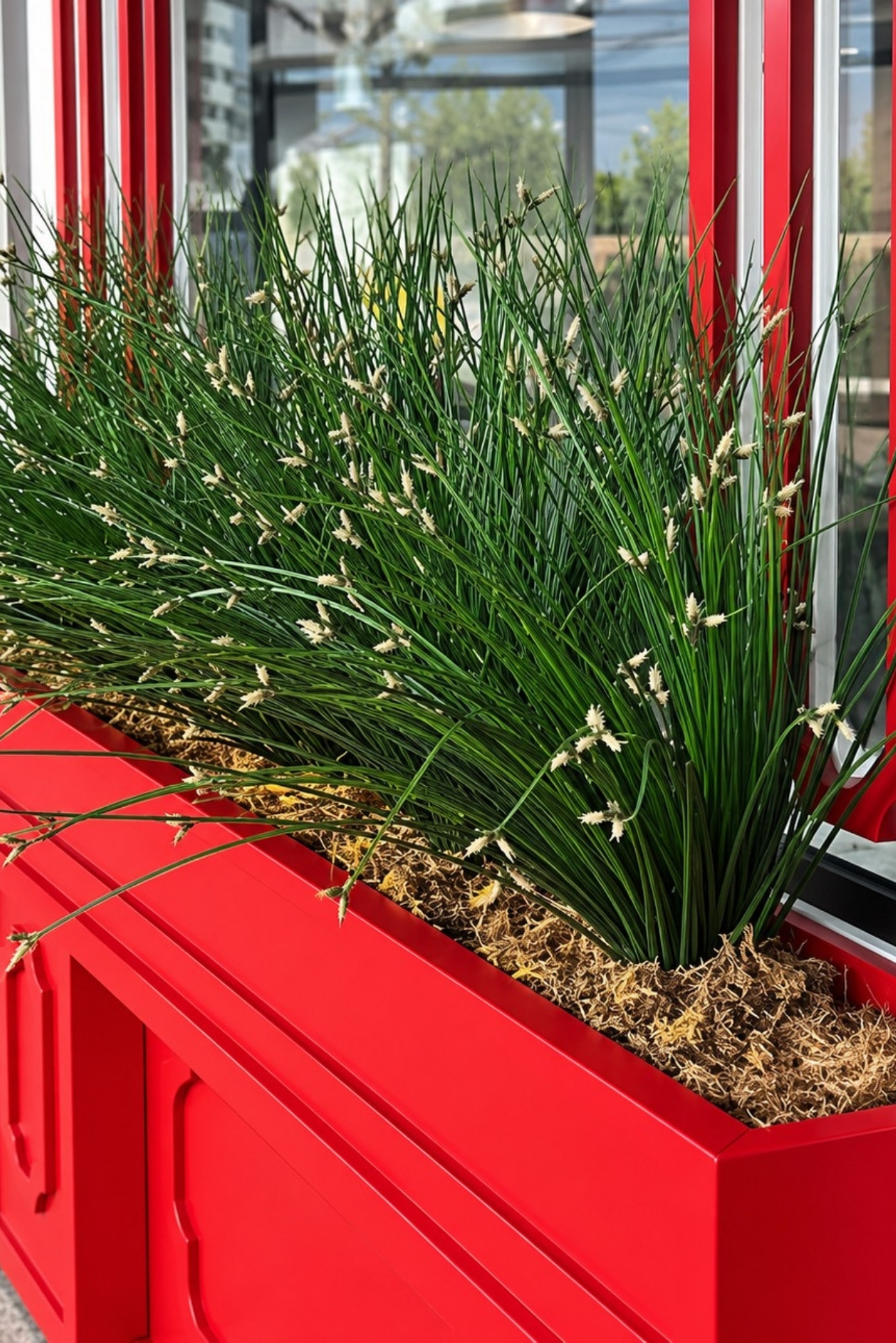 Jardinera roja llena de pastos ornamentales con espigas claras junto a una ventana