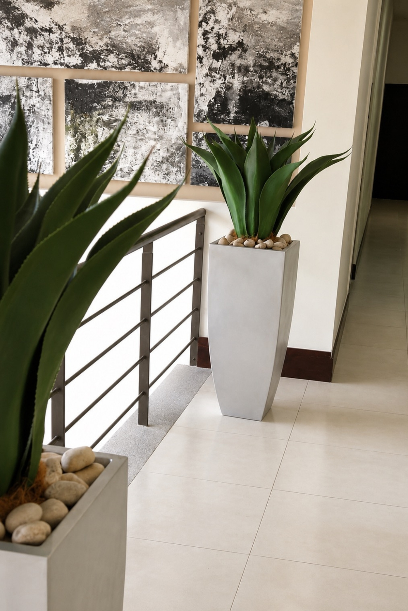 Agaves en maceteros altos color crema con piedras, junto a una baranda metálica