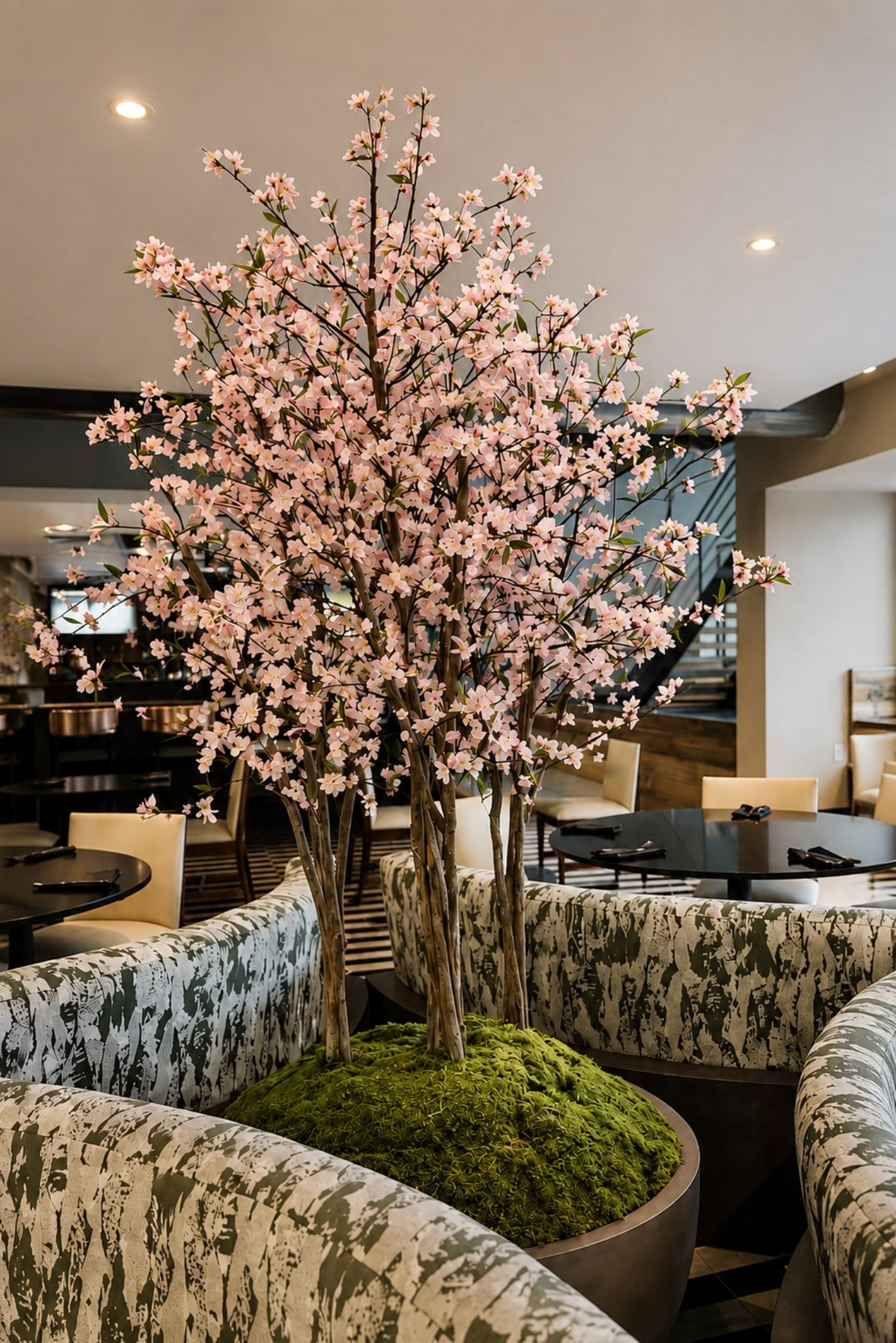 Árbol de flores de cerezo en el centro de un sillón circular, con base de musgo, en un restaurante