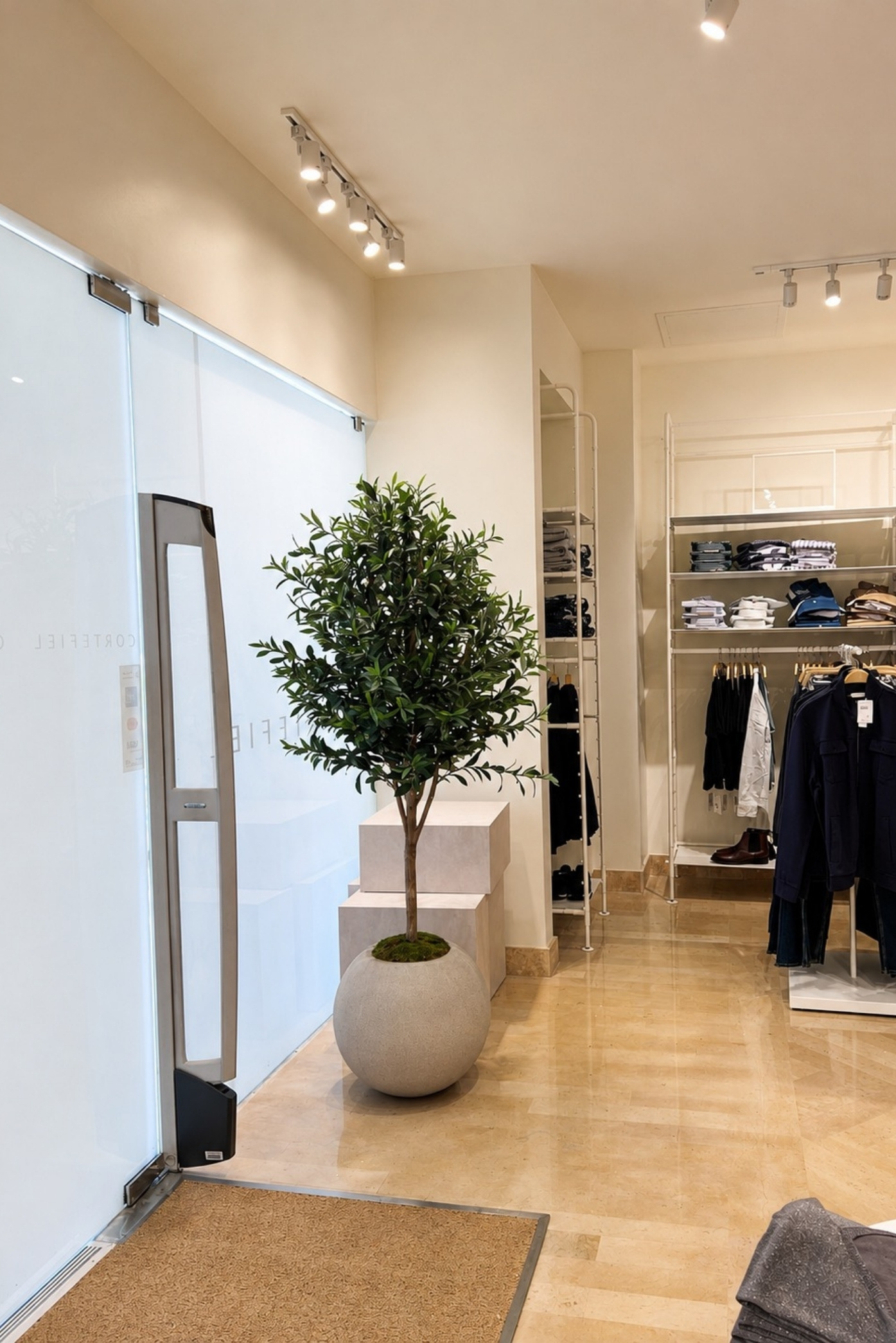 Olivo en un macetero esférico color crema a la entrada de una tienda de ropa